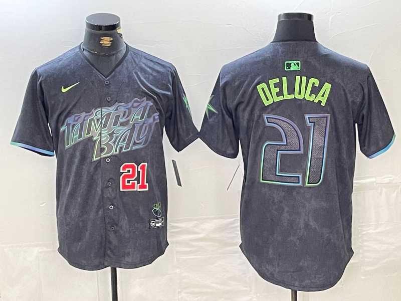 Men%27s Tampa Bay Rays #21 Jonny DeLuca Number Charcoal 2024 City Connect Limited Stitched Jerseys1
